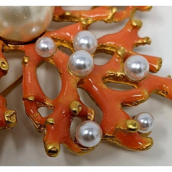 KJL KENNETH J LANE Large Enamel Brooch Coral Branch Faux Pearl Vintage Pin - Picture 16 of 16